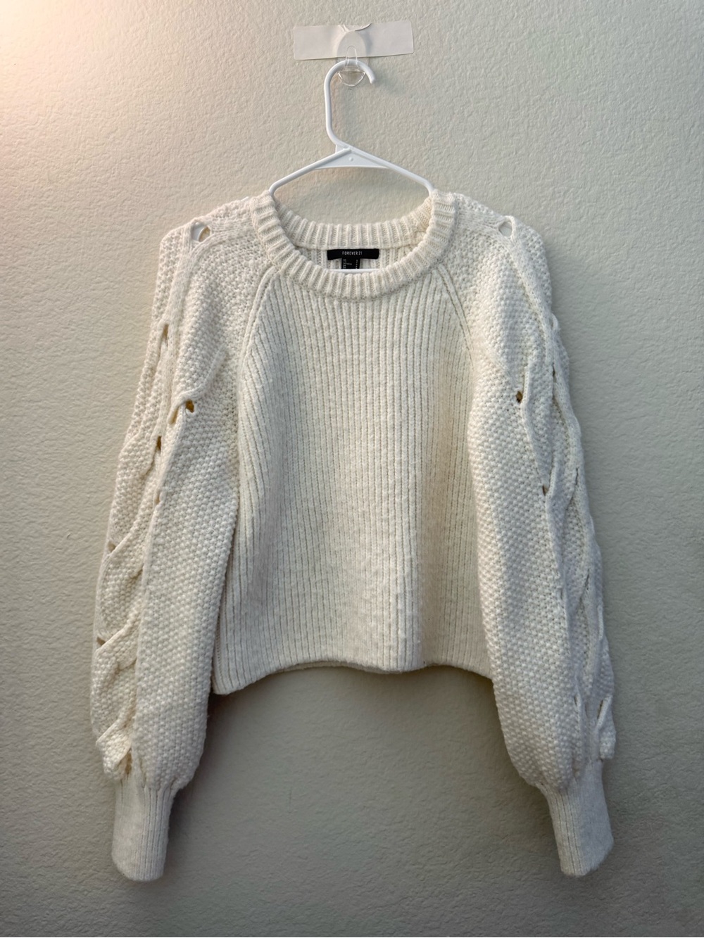 Forever 21 Cozy Cable-Sleeve Crewneck Sweater - White Size Small